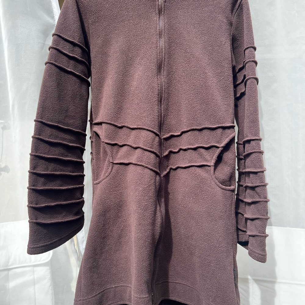 Long brown warm microfleece ribbed hippie boho festival winter jacket coat